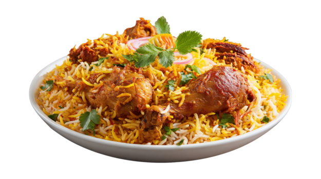 chicken biryani with garnish isolated on a transparent background 3 png